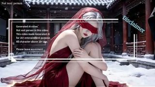 Gadis Tionghoa klasik berkulit salju, berambut putih dan bergaun merah. Adegan oral, klimaks, episode pertama, karya AI.